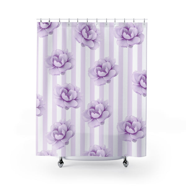 Shower Curtains-Purple Lilac-Floral Black Pinstripes