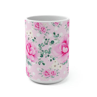 Coffee Mug 15oz-Magenta Pink Floral-White Polka Dots-Pink