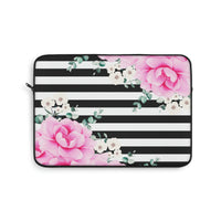 Laptop Sleeve-Magenta Pink-Floral Bash-Black Horizontal Stripes-White