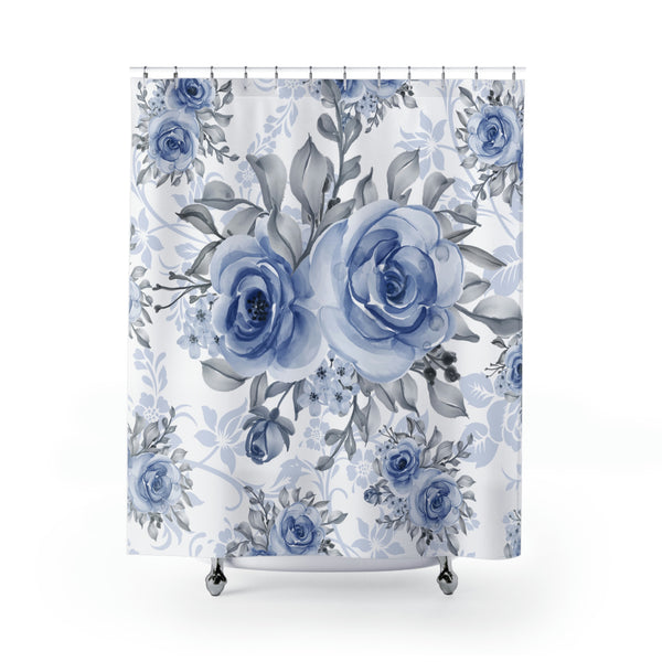 Shower Curtains-Stormy Blue-Floral Stencil-White