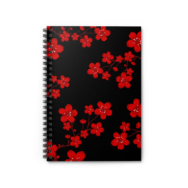 Small Spiral Notebook, 6x8in-Red Floral Blossoms-Black