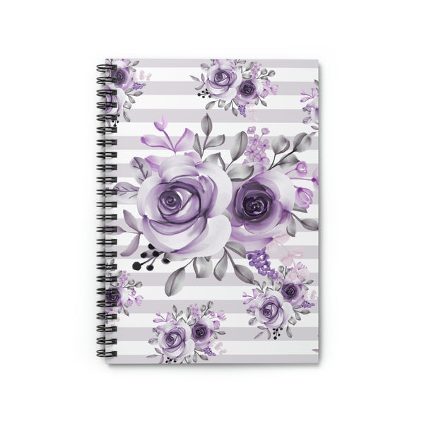 Small Spiral Notebook, 6x8in-Soft Purple Floral-Soft Purple Horizontal Stripes-White