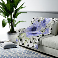 Velveteen Plush Blanket-Soft Blue Floral-Black Polka Dots-White
