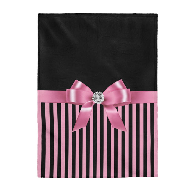 Velveteen Plush Blanket-Glam Pink Bow-Pink Black Pinstripes-Black