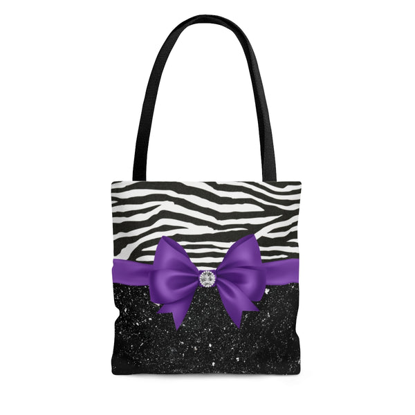 Tote Bag-Glam Purple Bow-Zebra-Black Glitter