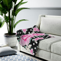Velveteen Plush Blanket-Magenta Pink Floral-White Polka Dots-Black
