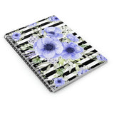 Small Spiral Notebook, 6x8in-Soft Blue Floral-Black Horizontal Stripes-White