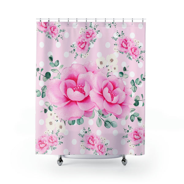 Shower Curtains-Magenta Pink Floral-White Polka Dots-Pink