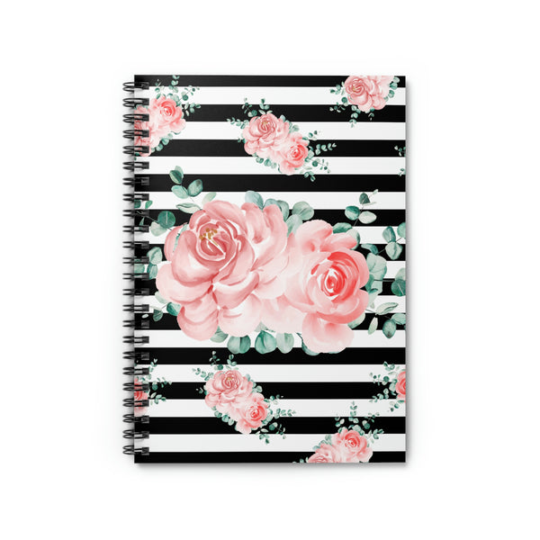 Small Spiral Notebook, 6x8in-Lush Pink Floral-Black Horizontal Stripes-White