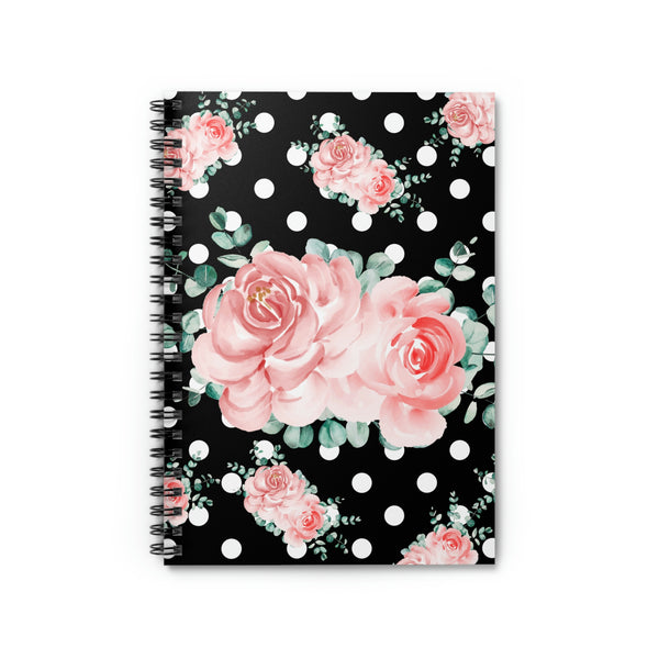 Small Spiral Notebook, 6x8in-Lush Pink Floral-White Polka Dots-Black