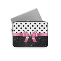 Laptop Sleeve-Pink Bow-Black Polka Dots-Black Glitter
