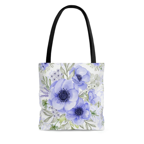 Tote Bag-Soft Blue Floral-Blue Stencil-White