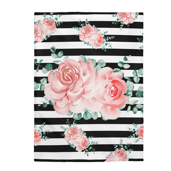 Velveteen Plush Blanket-Lush Pink Floral-Black Horizontal Stripes-White