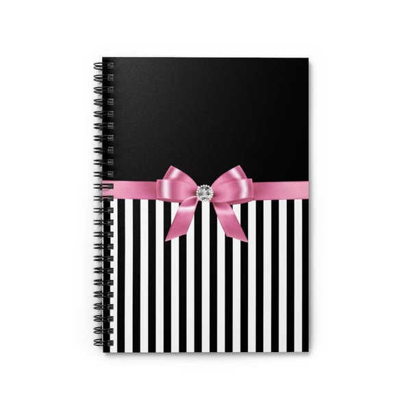 Small Spiral Notebook, 6x8in-Glam Pink Bow-Black White Pinstripes-Black