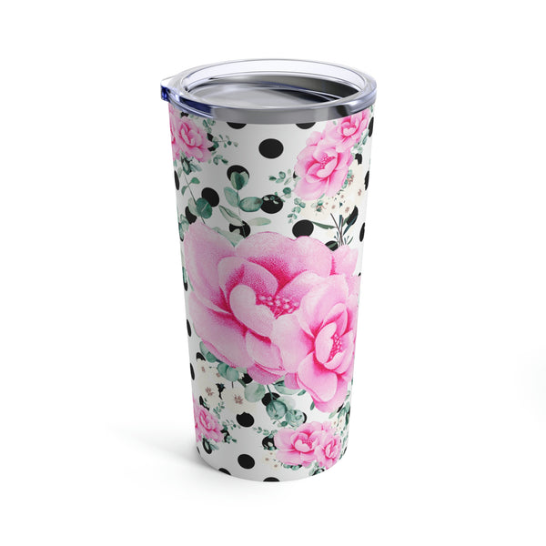 Tumbler 20oz-Magenta Pink Floral-Black Polka Dots-White