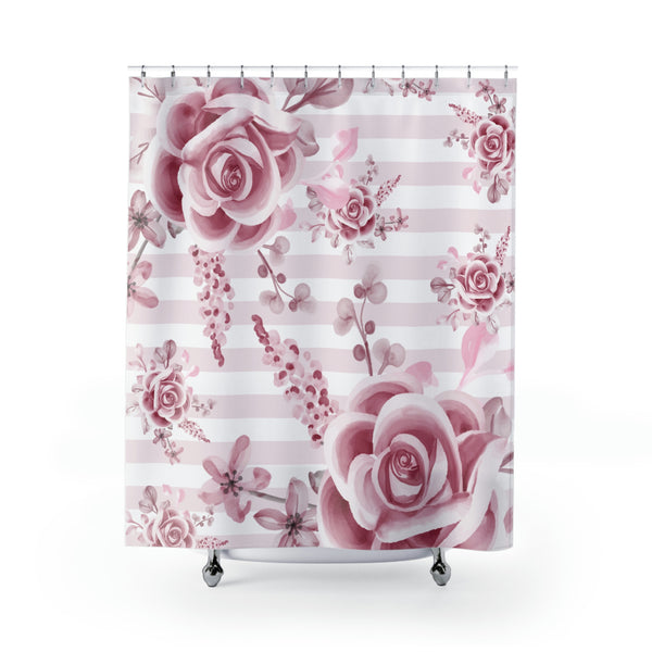 Shower Curtains-Soft Pink Floral Mauve-Horizontal Stripes-White