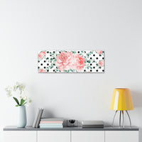 Canvas Art Panel-Lush Pink Floral-Black Polka Dots White-36"x12"