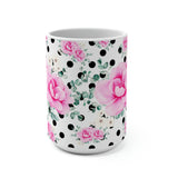 Coffee Mug 15oz-Magenta Pink Floral-Black Polka Dots-White