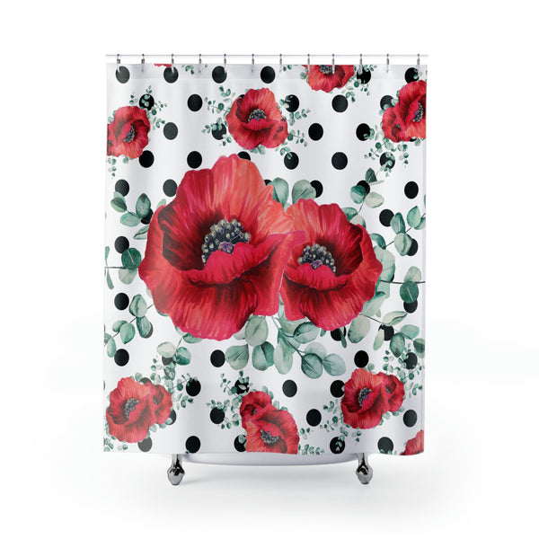 Shower Curtains-Rouge Red Floral-Black Polka Dots-White