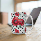 Coffee Mug 15oz-Rouge Red-Black Polka Dots-White