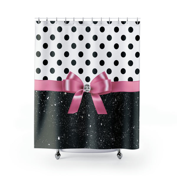 Shower Curtains-Glam Pink Bow-Black Polka Dots-Black Glitter