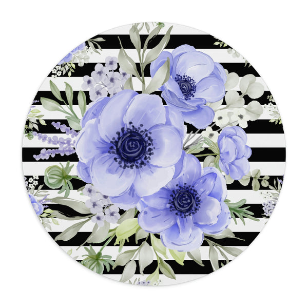 Mouse Pad-Soft Blue Floral-Black Horizontal Stripes-White