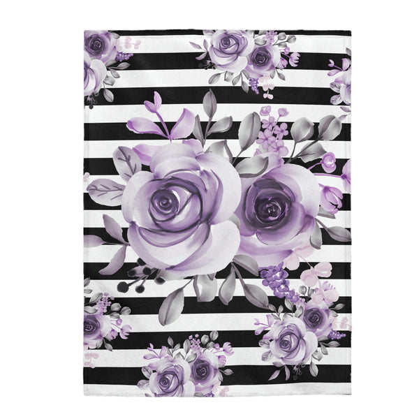 Velveteen Plush Blanket-Soft Purple Floral-Black Horizontal Stripes-White