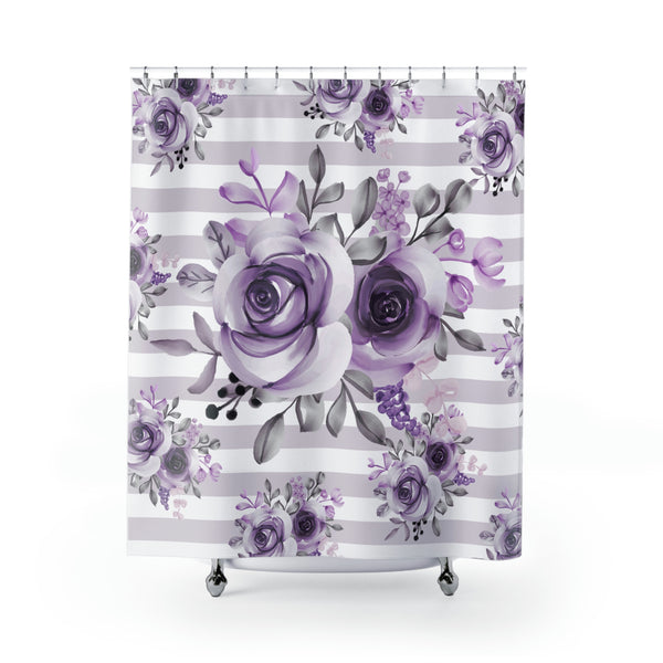 Shower Curtains-Soft Purple Floral-Soft Purple Horizontal Stripes-White