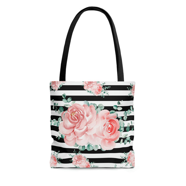 Tote Bag-Lush Pink Floral-Black Horizontal Stripes-White