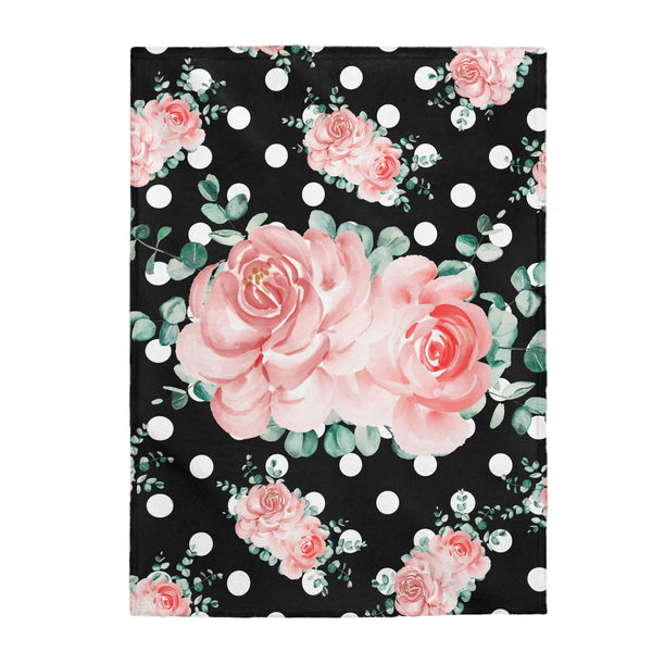 Velveteen Plush Blanket-Lush Pink Floral-White Polka Dots-Black