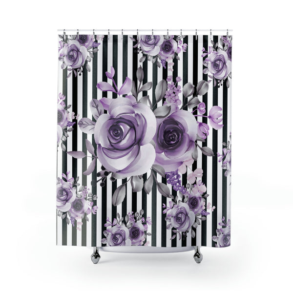 Shower Curtains-Soft Purple Floral-Black White Pinstripes