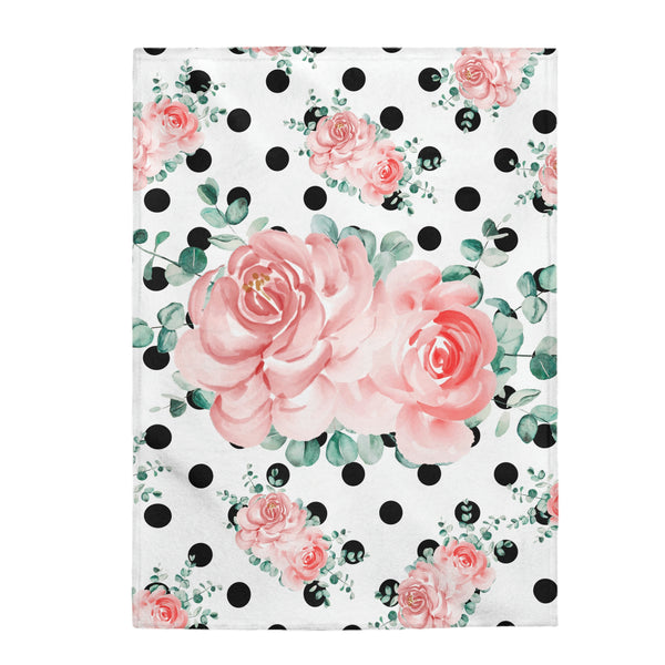 Velveteen Plush Blanket-Lush Pink Floral-Black Polka Dots-White