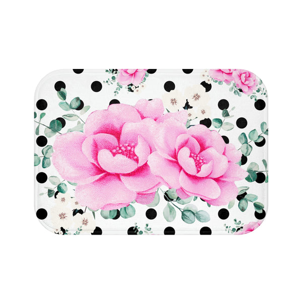 Bath Mat-Magenta Pink Floral-Black Polka Dots-White
