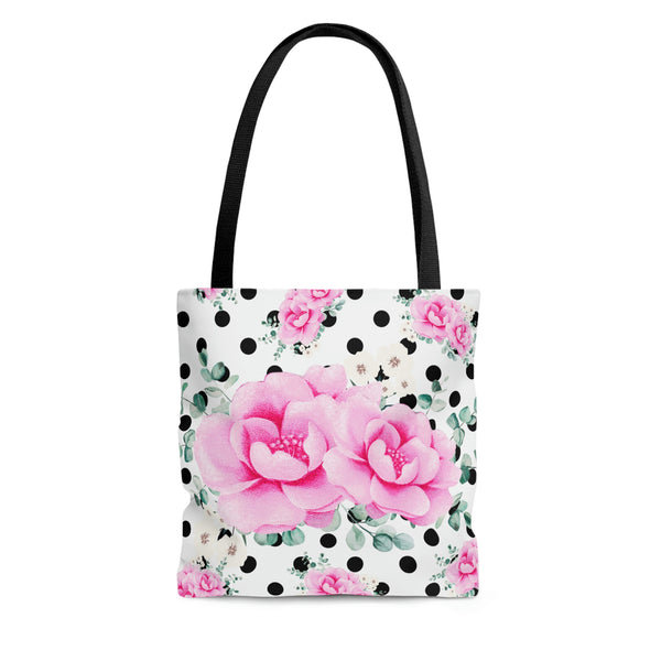 Tote Bag-Magenta Pink Floral-Black Polka Dots-White