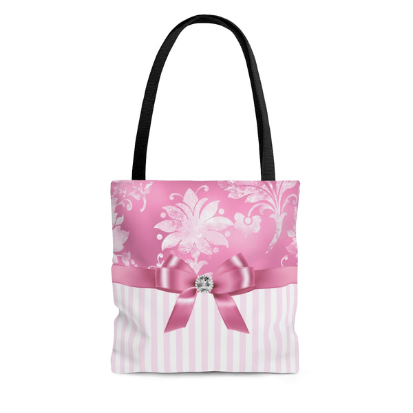Tote Bag-Glam Pink Bow-Pink White Stencil-Pink White Pinstripes