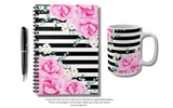 Coffee Mug 15oz-Magenta Pink-Floral Bash-Black Horizontal Stripes-White