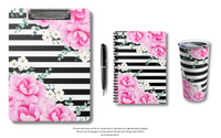 Tumbler 20oz-Magenta Pink-Floral Bash-Black Horizontal Stripes-White