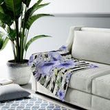 Velveteen Plush Blanket-Soft Blue Floral-Black Horizontal Stripes-White