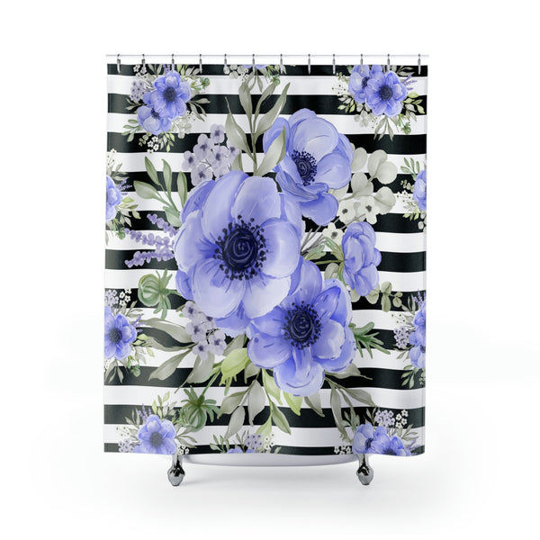 Shower Curtains-Soft Blue Floral-Black Horizontal Stripes-White