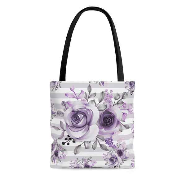 Tote Bag-Soft Purple Floral-Soft Purple Horizontal Stripes-White