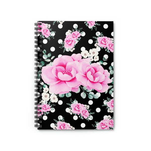Small Spiral Notebook, 6x8in-Magenta Pink Floral-White Polka Dots-Black