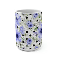 Coffee Mug 15oz-Soft Blue Floral-Black Polka Dots-White