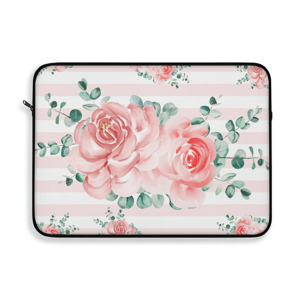 Laptop Sleeve-Lush Pink Floral-Pink Horizontal Stripes-White