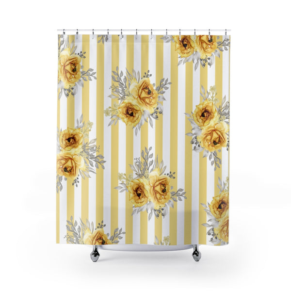 Shower Curtains-Yellow Floral Pinstripes