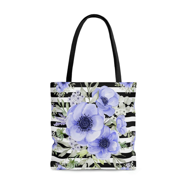 Tote Bag-Soft Blue Floral-Black Horizontal Stripes-White