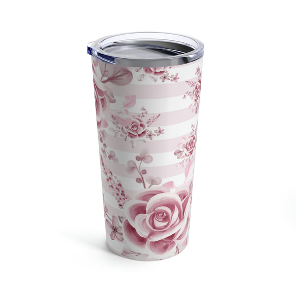 Tumbler 20oz-Soft Pink Floral Mauve-Horizontal Stripes-White