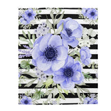 Velveteen Plush Blanket-Soft Blue Floral-Black Horizontal Stripes-White