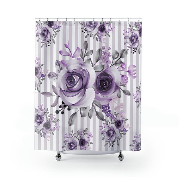 Shower Curtains-Soft Purple Floral-Soft Purple Pinstripes-White