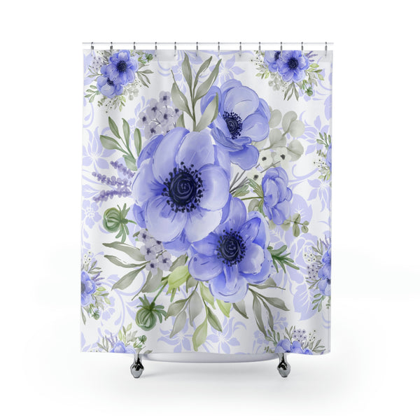 Shower Curtains-Soft Blue Floral-Blue Stencil-White