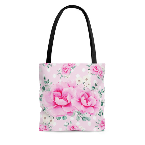 Tote Bag-Magenta Pink Floral-White Polka Dots-Pink